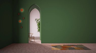 Klasik doğu lobisi, kaplama duvarlı modern renkli salon, iç tasarım kemerleri, seramik fayanslı boş alan, halı, sandalye ve bitki, fotokopi alanı olan yeşil arka plan.