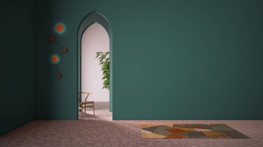 Klasik doğu lobisi, kaplama duvarlı modern renkli salon, iç tasarım kemerleri, seramik fayanslı boş alan, halı, sandalye ve bitki, kopya alanı olan turkuaz arka plan.