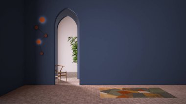 Klasik doğu lobisi, modern renkli salon sıva duvarları, iç tasarım kemerleri, seramik fayanslı boş alan, halı, sandalye ve bitki, kopya alanı olan mavi arkaplan.