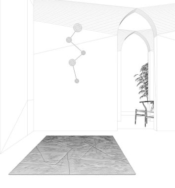 Proje taslağı, klasik doğu lobisi, sıva duvarlı modern salon, iç tasarım kemerleri, seramik fayanslı boş alan, halı, sandalye ve bitki, mimari fikir.