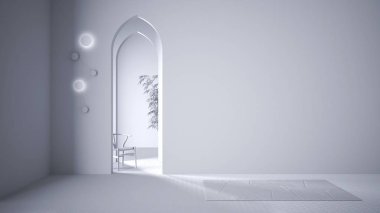 Tamamen beyaz proje taslağı, klasik doğu lobisi, sıva duvarlı modern salon, iç tasarım kemerleri, seramik fayanslı boş alan, halı, sandalye, mimari proje fikri