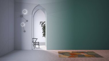 Mimari iç mimar konsepti: Tamamlanmamış proje gerçek, klasik doğu lobisi, modern salon, sıva duvarlar, iç tasarım kemerleri, seramik fayanslı boş alan