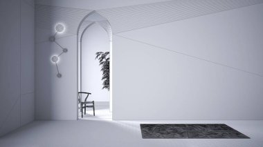 Klasik doğu lobisinin tamamlanmamış proje taslağı, sıva duvarlı modern salon, iç tasarım kemerleri, seramik fayanslı boş alan, halı, sandalye, mimari proje fikri