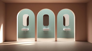 Klasik doğu banyosu lavabo ve ayna, modern renkli alan sıva duvarları, iç tasarım kemerleri, seramik fayanslı boş alan, renkli arka plan, doğu kemerleri.