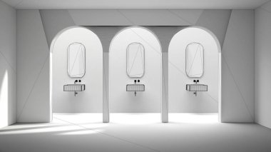 Klasik banyo, lavabo ve ayna ile tamamlanmamış proje taslağı, sıva duvarlı modern alan, iç tasarım kemerleri, seramik fayanslı boş alan, doğu kemerleri.