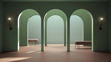 Klasik doğu lobisi, kaplamalı modern renkli salon, iç tasarım kemerleri, seramik fayanslı boş alan, bank, kanepe, koltuk, yeşil arka plan, kopyalama alanı olan kemerler.
