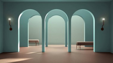 Klasik doğu lobisi, kaplamalı modern renkli salon, iç tasarım kemerleri, seramik fayanslı boş alan, bank, kanepe, koltuk, mavi arka plan, kopya alanı olan kemerler.