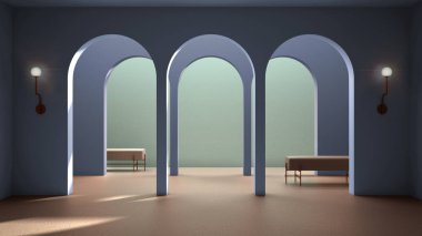 Klasik doğu lobisi, kaplamalı modern renkli salon, iç tasarım kemerleri, seramik fayanslı boş alan, bank, kanepe, koltuk, mor arka plan, kopyalama alanı olan kemerler.