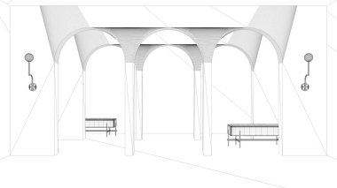 Taslak proje taslağı, klasik doğu lobisi, alçı duvarlı modern salon, iç tasarım kemerleri, seramik fayanslı boş alan, bank, kanepe, arka planda kopya alanı olan kemerler.