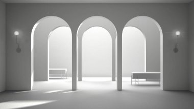 Tamamen beyaz proje taslağı, klasik doğu lobisi, sıva duvarlı modern salon, iç tasarım kemerleri, seramik fayanslı boş alan, bank, arka planda kopya alanı olan kemerler.