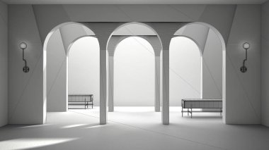 Klasik doğu lobisinin tamamlanmamış proje taslağı, sıva duvarlı modern salon, iç tasarım kemerleri, seramik fayanslı boş alan, bank, kanepe, kemer arka planı, kopyalama alanı