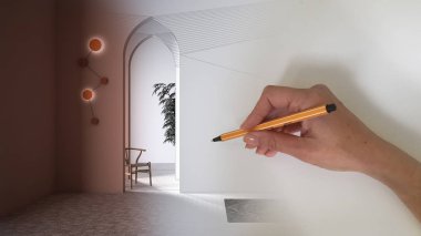 Mimari iç mimar konsepti: alan gerçek, klasik metafizik iç tasarımı, kemerli doğu kreatif lobisi