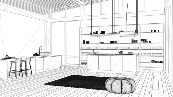 Proyecto de proyecto de anteproyecto, cocina moderna con isla doble, taburetes, alfombra y accesorios, parquet, techo de chapa corrugada, ventanas panorámicas, diseño interior minimalista —  Fotos de Stock