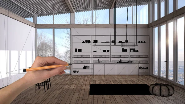 Порожній білий інтер'єр з дерев'яною паркетною підлогою, ручний малюнок нетипового дизайну архітектури, ескіз чорного чорнила, блакитний відбиток, що показує кухню з островом, килимом і пуфом, панорамні вікна — стокове фото