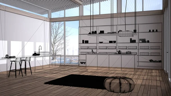 Empty white interior with white parquet wooden floor, custom architecture design project, black ink sketch, blueprint showing modern kitchen with panoramic windows, concept idea