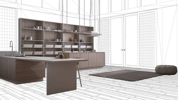 Dapur kayu modern dengan pulau di apartemen mewah kontemporer, ide konsep desain interior, cetak biru sketsa tinta hitam di latar belakang, minimalis furniture proyek draft ide — Stok Foto