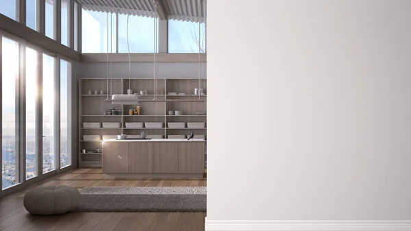 Moderne weiß-hölzerne Küche mit Insel und Hockern an einer Vorderwand, Innenarchitektur-Idee, Konzept mit Kopierraum, leerer Hintergrund — Stockfoto