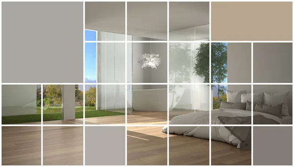 Effetto grafico geometrico quadrato a mosaico con spazio di copia per testo, modello di presentazione, idea mockup, camera da letto moderna con grande finestra panoramica, concept interior design — Foto Stock