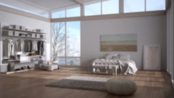 Blur design de interiores de fundo: moderno quarto branco e de madeira, cama e closet, parquet, tapete, pufe, telhado de folha ondulada, janelas panorâmicas, design de interiores minimalista — Fotografia de Stock