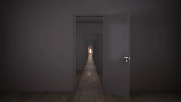 Empty dark architectural interior with infinite open doors, endless corridor of doorway, walkaway, labyrinth. Move forward, opportunities, business, future, concept with copy space — 스톡 사진