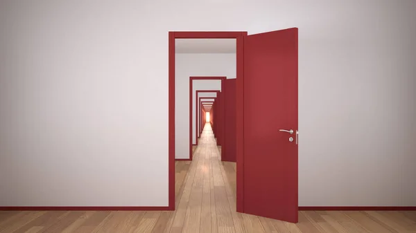 Empty white and red architectural interior with infinite open doors, endless corridor of doorway, walkaway, labyrinth. Move forward, opportunities, future, concept with copy space — 스톡 사진