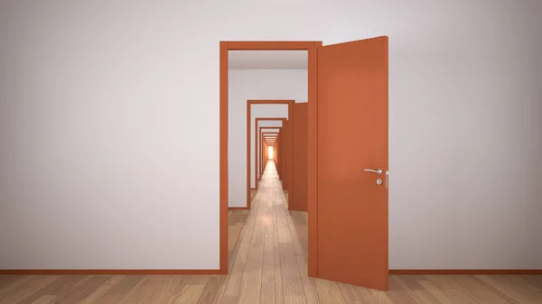 Prázdný bílý a oranžový architektonický interiér s nekonečnými otevřenými dveřmi, nekonečná chodba dveří, labyrint. Posun vpřed, příležitosti, budoucnost, koncept s kopírovacím prostorem — Stock fotografie