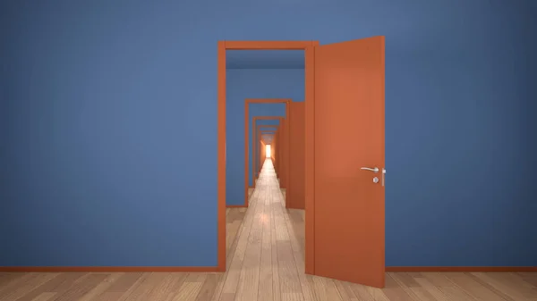 Prázdný modrý a oranžový architektonický interiér s nekonečnými otevřenými dveřmi, nekonečnou chodbou dveří, labyrintem. Posun vpřed, příležitosti, budoucnost, koncept s kopírovacím prostorem — Stock fotografie