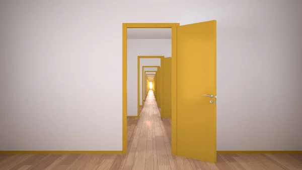 Prázdný bílý a žlutý architektonický interiér s nekonečnými otevřenými dveřmi, nekonečná chodba dveří, labyrint. Posun vpřed, příležitosti, budoucnost, koncept s kopírovacím prostorem — Stock fotografie