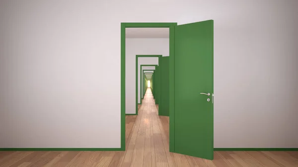 무한 한 열린 문 이 있는 비어 있는 흰색 과 녹색 건축 내부, 문의 끝없는 복도, 보도, 미로. 앞으로, 기회, 미래, 복제품 공간의 개념 — 스톡 사진