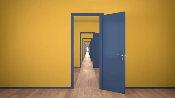 Prázdný žlutomodrý architektonický interiér s nekonečnými otevřenými dveřmi, nekonečná chodba dveří, labyrint. Posun vpřed, příležitosti, budoucnost, koncept s kopírovacím prostorem — Stock fotografie