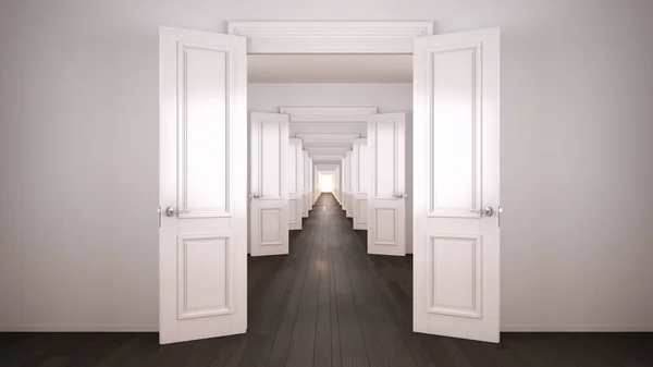 Prázdný bílý a šedý architektonický interiér s nekonečnými otevřenými dveřmi, nekonečná chodba dveří, labyrint. Posun vpřed, příležitosti, budoucnost, koncept s kopírovacím prostorem — Stock fotografie