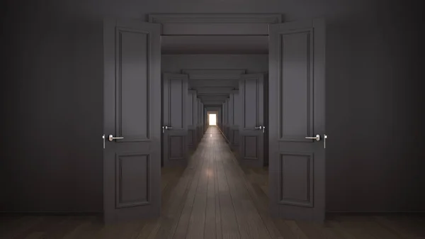 Empty dark architectural interior with infinite open doors, endless corridor of doorway, walkaway, labyrinth. Move forward, opportunities, business, future, concept with copy space — Stock Photo, Image