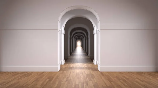 Empty white architectural interior with infinite arch doors, endless corridor of doorway, walkaway, labyrinth. Move forward, opportunities, business, future, concept with copy space — Stock Photo, Image