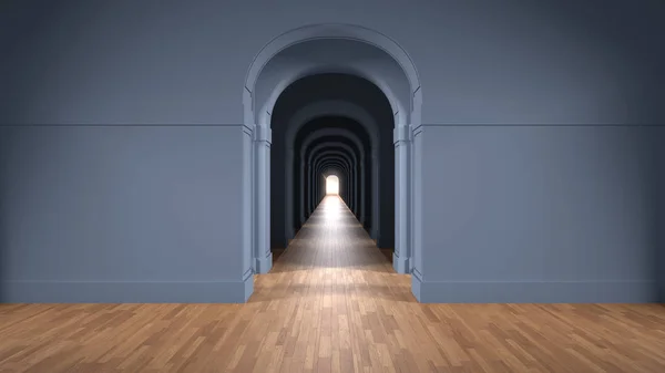 Empty blue architectural interior with infinite arch doors, endless corridor of doorway, walkaway, labyrinth. Move forward, opportunities, business, future, concept with copy space — Stock Photo, Image