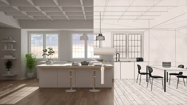 Malerulle maleri interiør design blueprint skitse baggrund, mens rummet bliver reel viser moderne køkken. Før og efter konceptet, arkitekt designer kreative arbejde flow - Stock-foto