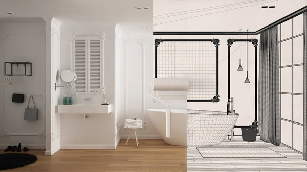 Paint roller painting interior design blueprint sketch background while the space becomes real showing modern bathroom. Before and after concept, architect designer creative work flow — Stock Photo, Image