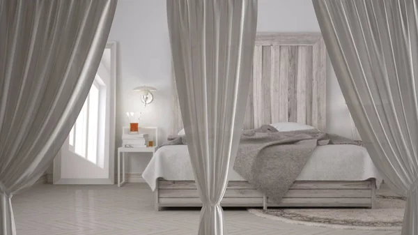 Vita öppningar gardiner överlägg skandinaviskt sovrum, inredning bakgrund, framsida, klippbana, vertikala veck, mjuk tyll textil konsistens, scen koncept med kopieringsutrymme — Stockfoto