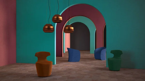 Класична метафізика сюрреалістичний дизайн інтер'єру, вітальня з керамічною підлогою, відкритий простір, арка з ліпниною кольоровими стінами та різнокольоровими кріслами, незвичайна архітектура, ідея проекту — стокове фото