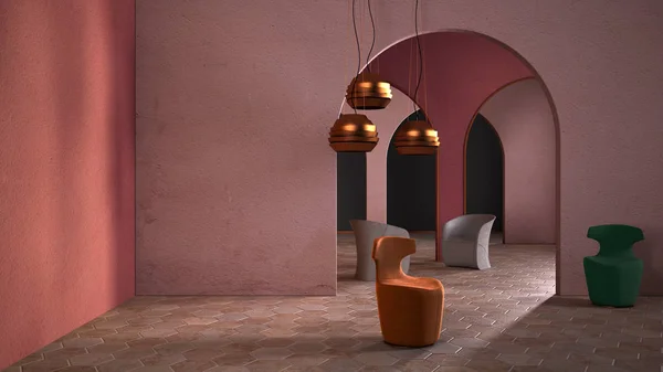 Классическая метафизика сюрреалистический дизайн интерьера, гостиная с керамическим полом, открытое пространство, арка с лепными стенами и красочными креслами, необычная архитектура, идея проекта — стоковое фото