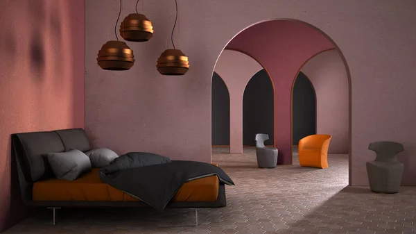 Classic metaphysics surreal interior design, bedroom with ceramic floor, open space, archway with stucco colored walls and colorful armchairs, unusual architecture, project idea — Stock fotografie