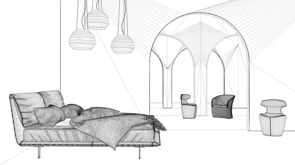 Projekt planu projektu, klasyczna metafizyka surrealistyczne wnętrza, sypialnia z podłogą ceramiczną, otwarta przestrzeń, brama z fotelami, niezwykła architektura, pomysł na projekt — Zdjęcie stockowe