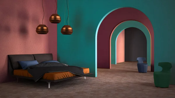 Klassieke metafysica surrealistisch interieur, slaapkamer met keramische vloer, open ruimte, boog met stuckleurige muren en kleurrijke fauteuils, ongewone architectuur, project idee — Stockfoto