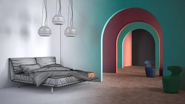 Architect interior designer concept: unfinished project that becomes real, classic design, bedroom, ceramic floor, archway with armchairs, unusual architecture, project idea