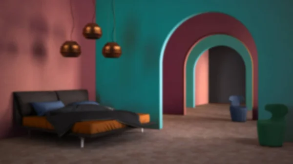 Blur background interior design: classic metaphysics surreal interior design, bedroom with ceramic floor, open space, archway with armchairs, unusual architecture, project idea — ストック写真