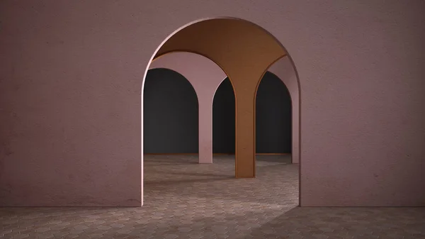 Metafizyka klasyczna surrealistyczna aranżacja wnętrz, pusta przestrzeń z podłogą ceramiczną, brama ze sztucznymi ścianami, kolorowy tynk, niezwykła architektura, pomysł na projekt łukowy, przestrzeń do kopiowania — Zdjęcie stockowe