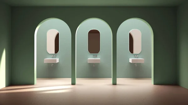 석재와 거울 이 있는 전형적 인 동양 욕실, 석재 벽 이 있는 현대적 인 색깔의 공간, 내부 디자인 아치, 세라믹 타일 이 있는 빈 공간, 녹색 배경, 동양 아치 — 스톡 사진