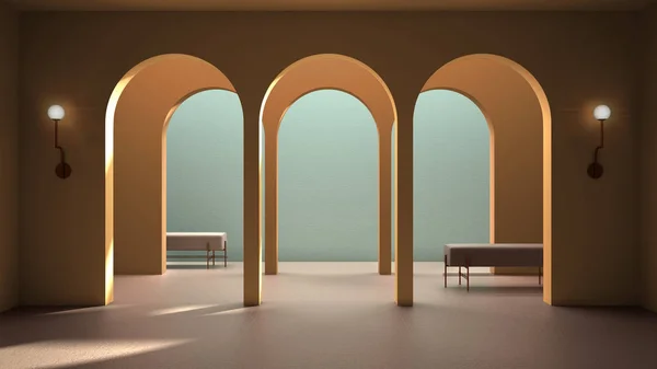 Classic eastern lobby, modern colored hall with stucco walls, interior design archways, empty space with ceramic tiles, bench, sofa, seat, yellow background, arches with copy space — ストック写真