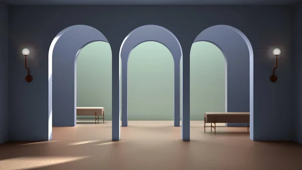 Классический восточный вестибюль, современный цветной зал с лепными стенами, арки интерьера, пустое пространство с керамической плиткой, скамейка, диван, сиденье, фиолетовый фон, арки с копировальным пространством — стоковое фото