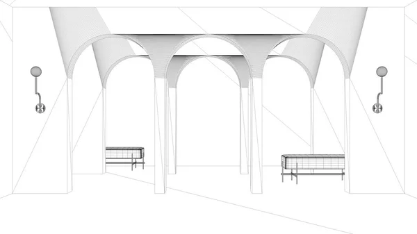 Σχέδιο έργου σχέδιο, κλασικό ανατολικό λόμπι, σύγχρονη αίθουσα με τοίχους από στόκο, καμάρες εσωτερική διακόσμηση, κενό χώρο με κεραμικά πλακάκια, πάγκος, καναπές, καμάρες φόντο με αντίγραφο χώρο — Φωτογραφία Αρχείου