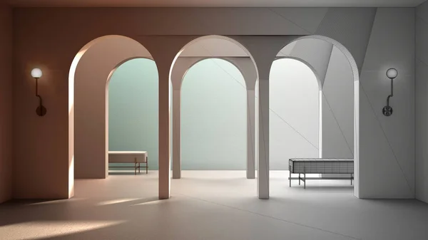 Architect interior designer concept: unfinished project that becomes real, classic eastern lobby, modern hall, stucco walls, interior design archways, empty space, arches background — ストック写真